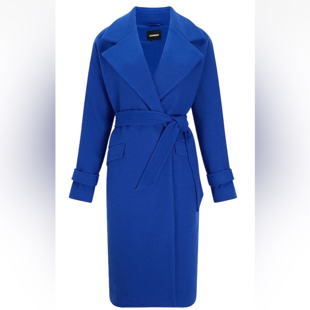 NWOT Express Cobalt Blue Belted Wrap Front Faux Wool Coat